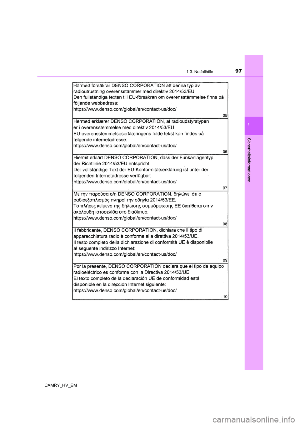 TOYOTA CAMRY 2019  Betriebsanleitungen (in German) 971-3. Notfallhilfe
1
Sicherheitsinformationen
CAMRY_HV_EM 
