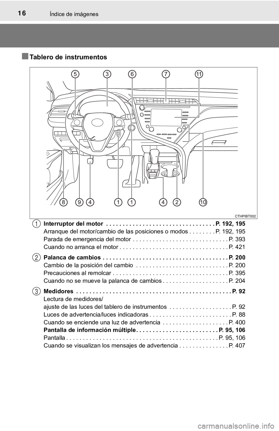 TOYOTA CAMRY 2019  Manual del propietario (in Spanish) 16Índice de imágenes
■Tablero de instrumentos
Interruptor del motor  . . . . . . . . . . . . . . . . . . . . . . . . . . . . . . . . . P. 192, 195
Arranque del motor/cambio de las posiciones o mod