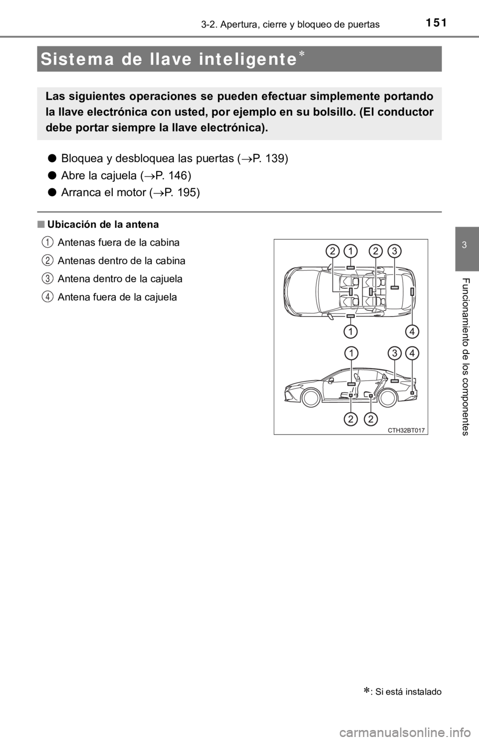 TOYOTA CAMRY 2019 Manual del propietario (in Spanish) 1513-2. Apertura, cierre y bloqueo de puertas
3
Funcionamiento de los componentes
●Bloquea y desbloquea las puertas ( P. 139)
● Abre la cajuela ( P. 146)
● Arranca el motor ( P. 195)
TOYOTA CAMRY 2019 Manual del propietario (in Spanish) 1513-2. Apertura, cierre y bloqueo de puertas
3
Funcionamiento de los componentes
●Bloquea y desbloquea las puertas ( P. 139)
● Abre la cajuela ( P. 146)
● Arranca el motor ( P. 195)
