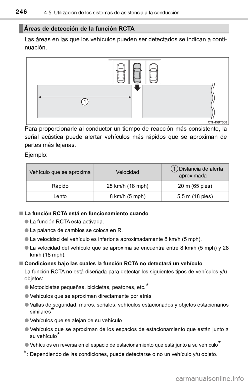TOYOTA CAMRY 2019 Manual del propietario (in Spanish) 2464-5. Utilización de los sistemas de asistencia a la conducción
Las áreas en las que los vehículos pueden ser detectados se indican a conti-
nuación.
Para proporcionarle al conductor un ti TOYOTA CAMRY 2019 Manual del propietario (in Spanish) 2464-5. Utilización de los sistemas de asistencia a la conducción
Las áreas en las que los vehículos pueden ser detectados se indican a conti-
nuación.
Para proporcionarle al conductor un ti