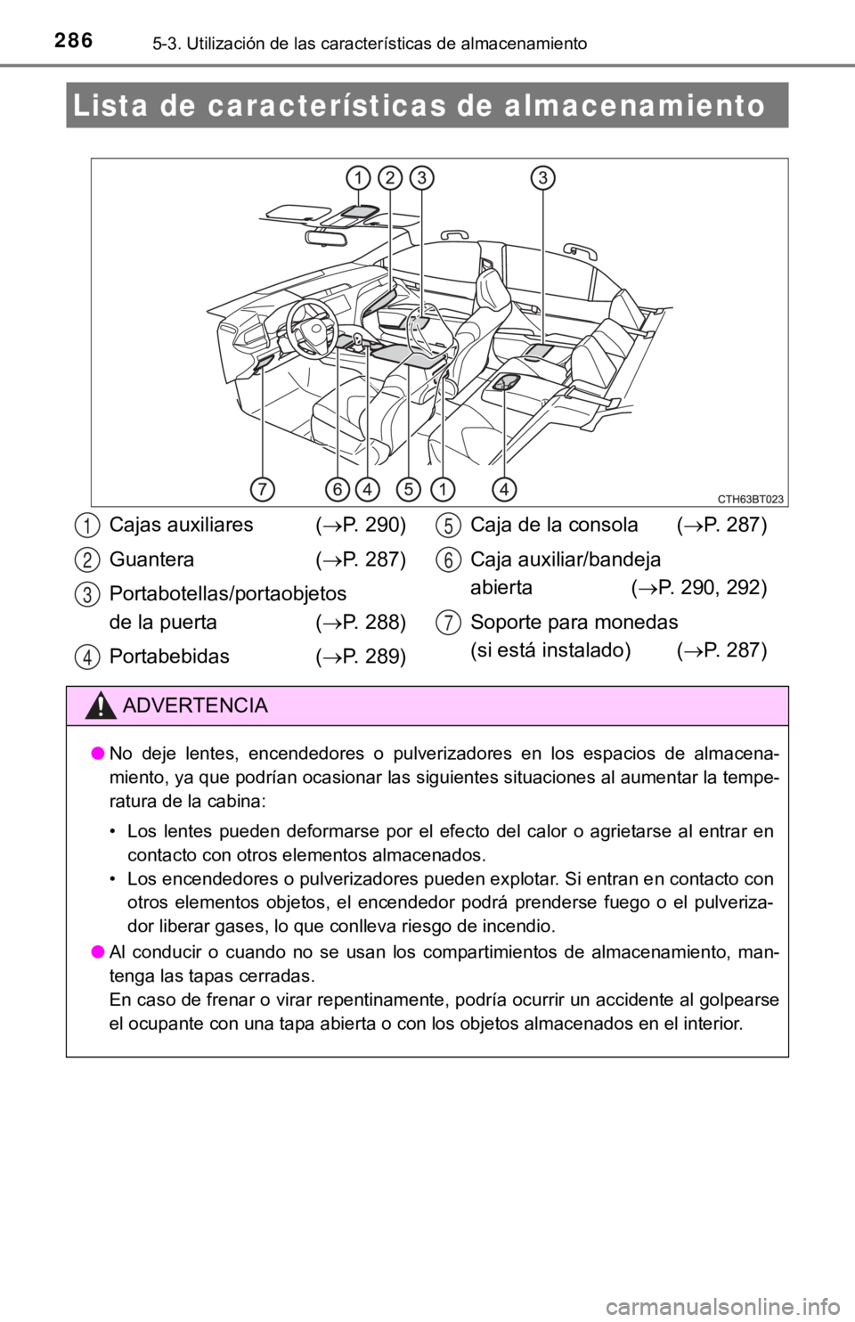 TOYOTA CAMRY 2019 Manual del propietario (in Spanish) 2865-3. Utilización de las características de almacenamiento
Lista de características de almacenamiento
Cajas auxiliares (P. 290)
Guantera (P. 287)
Portabotellas/portaobjetos
de la puerta ( TOYOTA CAMRY 2019 Manual del propietario (in Spanish) 2865-3. Utilización de las características de almacenamiento
Lista de características de almacenamiento
Cajas auxiliares (P. 290)
Guantera (P. 287)
Portabotellas/portaobjetos
de la puerta (