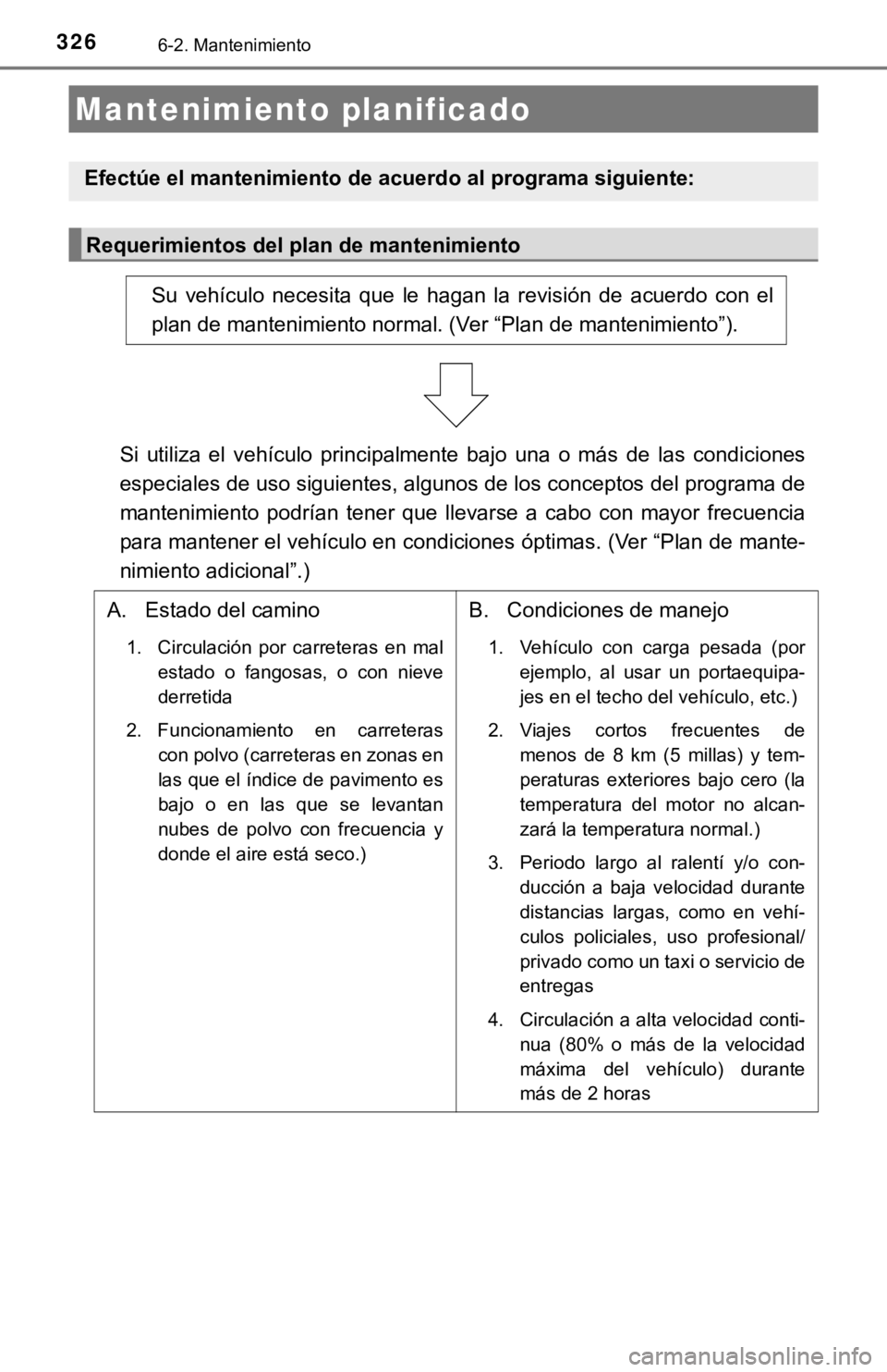 TOYOTA CAMRY 2019 Manual del propietario (in Spanish) 3266-2. Mantenimiento
Mantenimiento planificado
Efectúe el mantenimiento de acuerdo al programa siguiente:
Requerimientos del plan de mantenimiento
Su vehículo necesita que le hagan la revisi TOYOTA CAMRY 2019 Manual del propietario (in Spanish) 3266-2. Mantenimiento
Mantenimiento planificado
Efectúe el mantenimiento de acuerdo al programa siguiente:
Requerimientos del plan de mantenimiento
Su vehículo necesita que le hagan la revisi