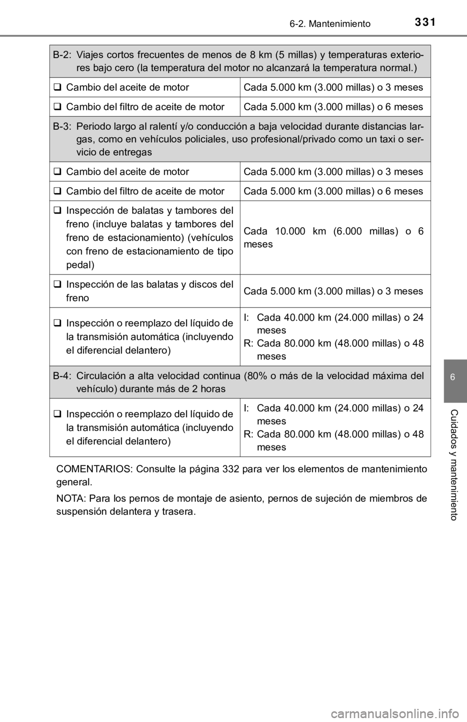 TOYOTA CAMRY 2019 Manual del propietario (in Spanish) 3316-2. Mantenimiento
6
Cuidados y mantenimiento
COMENTARIOS: Consulte la página 332 para ver los elementos de mantenimiento
general.
NOTA: Para los pernos de montaje de asiento, pernos de sujeción TOYOTA CAMRY 2019 Manual del propietario (in Spanish) 3316-2. Mantenimiento
6
Cuidados y mantenimiento
COMENTARIOS: Consulte la página 332 para ver los elementos de mantenimiento
general.
NOTA: Para los pernos de montaje de asiento, pernos de sujeción