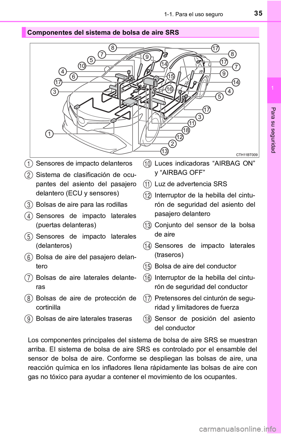 TOYOTA CAMRY 2019  Manual del propietario (in Spanish) 351-1. Para el uso seguro
1
Para su seguridad
Los componentes principales del sistema de bolsa de aire SRS se muestran
arriba.  El  sistema  de  bolsa  de  aire  SRS  es  controlado  por  el  ensamble