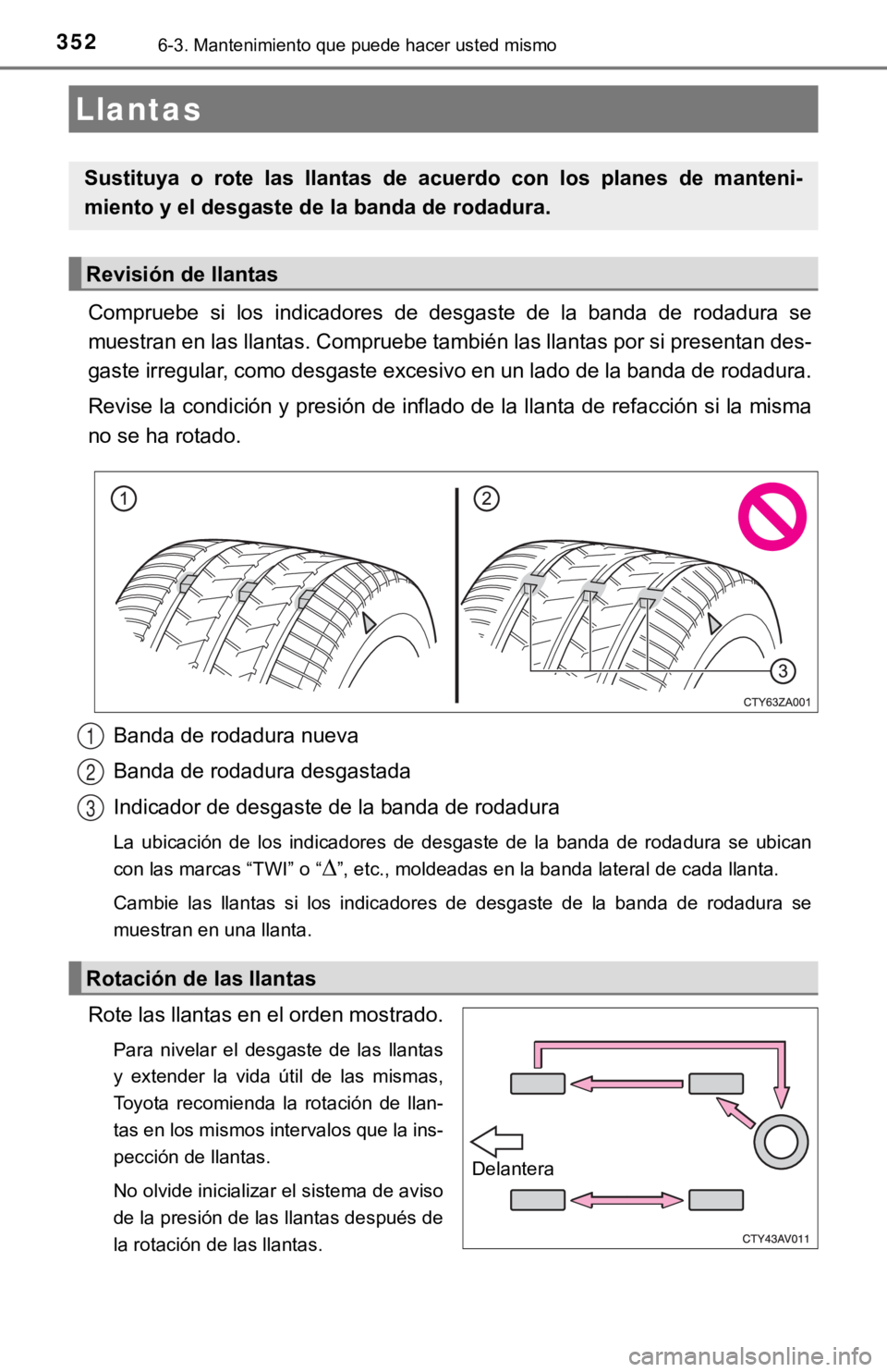 TOYOTA CAMRY 2019 Manual del propietario (in Spanish) 3526-3. Mantenimiento que puede hacer usted mismo
Compruebe si los indicadores de desgaste de la banda de rodadura se
muestran en las llantas. Compruebe también las llantas por si presenta TOYOTA CAMRY 2019 Manual del propietario (in Spanish) 3526-3. Mantenimiento que puede hacer usted mismo
Compruebe si los indicadores de desgaste de la banda de rodadura se
muestran en las llantas. Compruebe también las llantas por si presenta