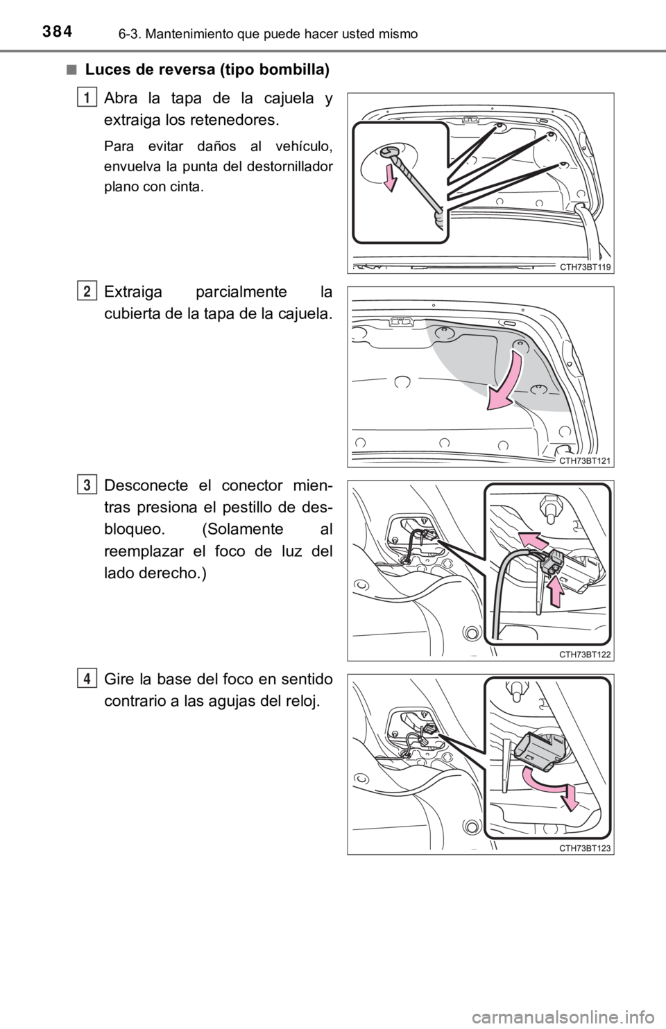 TOYOTA CAMRY 2019 Manual del propietario (in Spanish) 3846-3. Mantenimiento que puede hacer usted mismo
■Luces de reversa (tipo bombilla)Abra la tapa de la cajuela y
extraiga los retenedores.
Para evitar daños al vehículo,
envuelva la pun TOYOTA CAMRY 2019 Manual del propietario (in Spanish) 3846-3. Mantenimiento que puede hacer usted mismo
■Luces de reversa (tipo bombilla)Abra la tapa de la cajuela y
extraiga los retenedores.
Para evitar daños al vehículo,
envuelva la pun