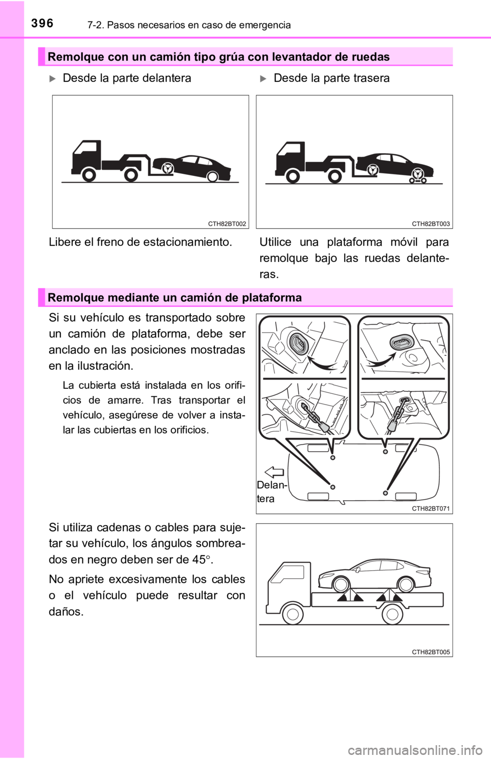 TOYOTA CAMRY 2019 Manual del propietario (in Spanish) 3967-2. Pasos necesarios en caso de emergencia
Si su vehículo es transportado sobre
un camión de plataforma, debe ser
anclado en las posiciones mostradas
en la ilustración.
La cubier TOYOTA CAMRY 2019 Manual del propietario (in Spanish) 3967-2. Pasos necesarios en caso de emergencia
Si su vehículo es transportado sobre
un camión de plataforma, debe ser
anclado en las posiciones mostradas
en la ilustración.
La cubier