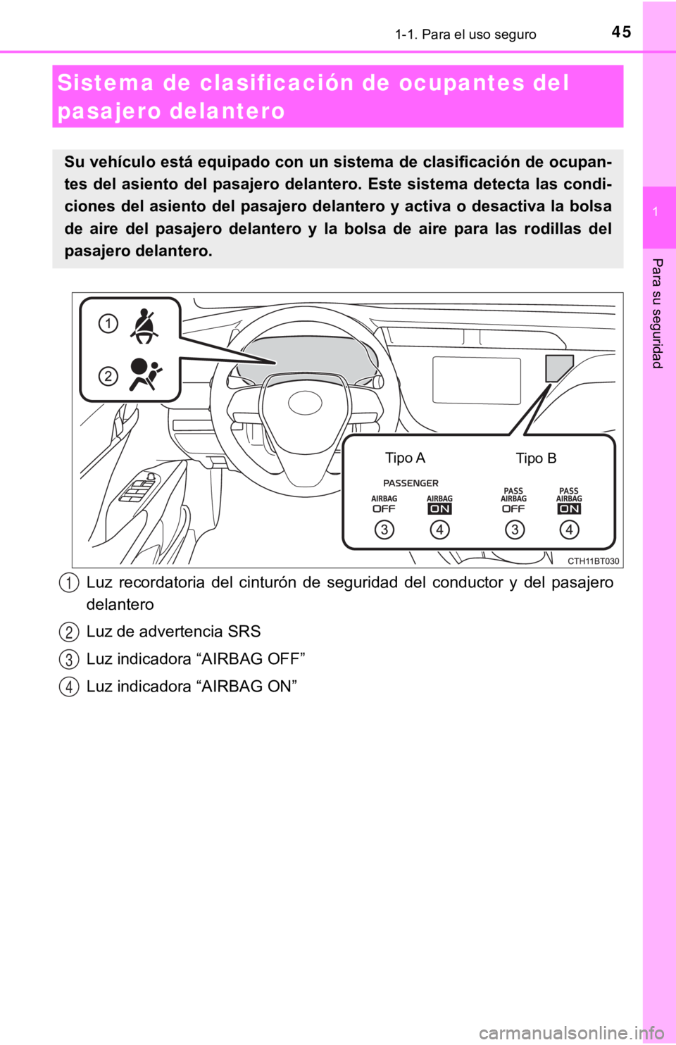TOYOTA CAMRY 2019 Manual del propietario (in Spanish) 451-1. Para el uso seguro
1
Para su seguridad
Sistema de clasificación de ocupantes del
pasajero delantero
Su vehículo está equipado con un sistema de clasificación de ocupan-
tes del asiento TOYOTA CAMRY 2019 Manual del propietario (in Spanish) 451-1. Para el uso seguro
1
Para su seguridad
Sistema de clasificación de ocupantes del
pasajero delantero
Su vehículo está equipado con un sistema de clasificación de ocupan-
tes del asiento