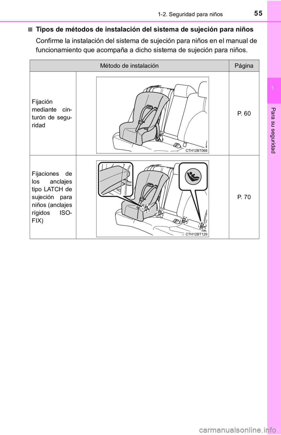 TOYOTA CAMRY 2019 Manual del propietario (in Spanish) 551-2. Seguridad para niños
1
Para su seguridad
■Tipos de métodos de instalación del sistema de sujeción para niños
Confirme la instalación del sistema de sujeción para niños en e l manual d TOYOTA CAMRY 2019 Manual del propietario (in Spanish) 551-2. Seguridad para niños
1
Para su seguridad
■Tipos de métodos de instalación del sistema de sujeción para niños
Confirme la instalación del sistema de sujeción para niños en e l manual d