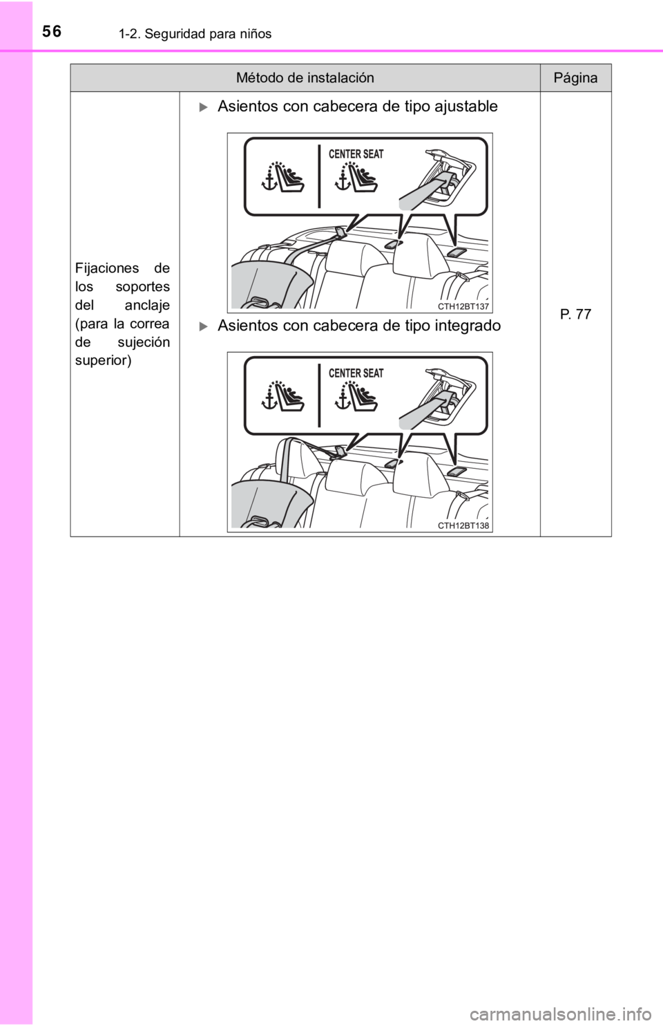 TOYOTA CAMRY 2019 Manual del propietario (in Spanish) 561-2. Seguridad para niños
Fijaciones de
los soportes
del anclaje
(para la correa
de sujeción
superior)
Asientos con cabecera de tipo ajustable
Asientos con cabecera de tipo integradoP. TOYOTA CAMRY 2019 Manual del propietario (in Spanish) 561-2. Seguridad para niños
Fijaciones de
los soportes
del anclaje
(para la correa
de sujeción
superior)
Asientos con cabecera de tipo ajustable
Asientos con cabecera de tipo integradoP.