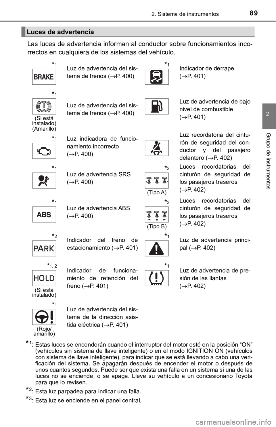 TOYOTA CAMRY 2019 Manual del propietario (in Spanish) 892. Sistema de instrumentos
2
Grupo de instrumentos
Las luces de advertencia informan al conductor sobre funcionamientos inco-
rrectos en cualquiera de los sistemas del vehículo.
*1: Estas luces se TOYOTA CAMRY 2019 Manual del propietario (in Spanish) 892. Sistema de instrumentos
2
Grupo de instrumentos
Las luces de advertencia informan al conductor sobre funcionamientos inco-
rrectos en cualquiera de los sistemas del vehículo.
*1: Estas luces se