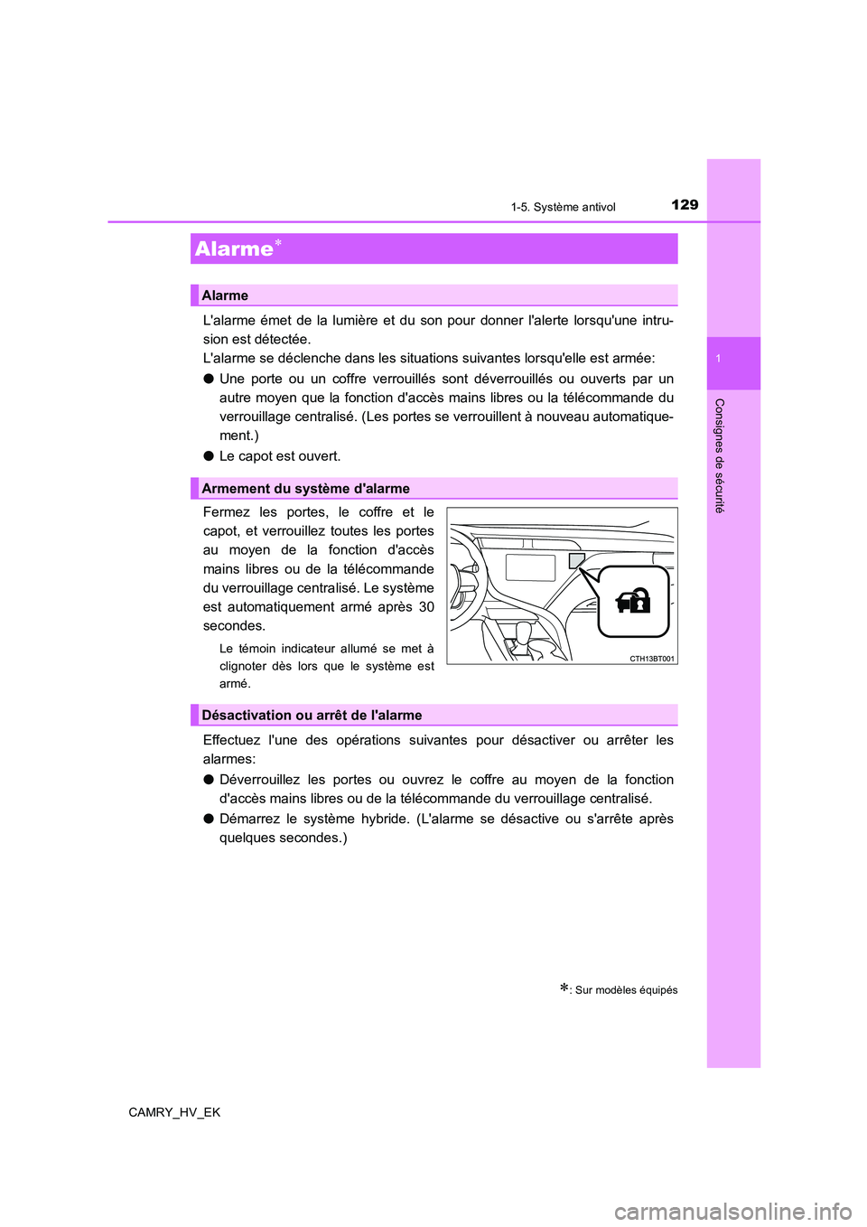 TOYOTA CAMRY 2019 Manuel du propriétaire (in French) 1291-5. Système antivol
1
Consignes de sécurité
CAMRY_HV_EK
Lalarme émet de la lumière et du son pour donner lalerte lorsquune intru-
sion est détectée.
Lalarme se déclenche dans les situa TOYOTA CAMRY 2019 Manuel du propriétaire (in French) 1291-5. Système antivol
1
Consignes de sécurité
CAMRY_HV_EK
Lalarme émet de la lumière et du son pour donner lalerte lorsquune intru-
sion est détectée.
Lalarme se déclenche dans les situa