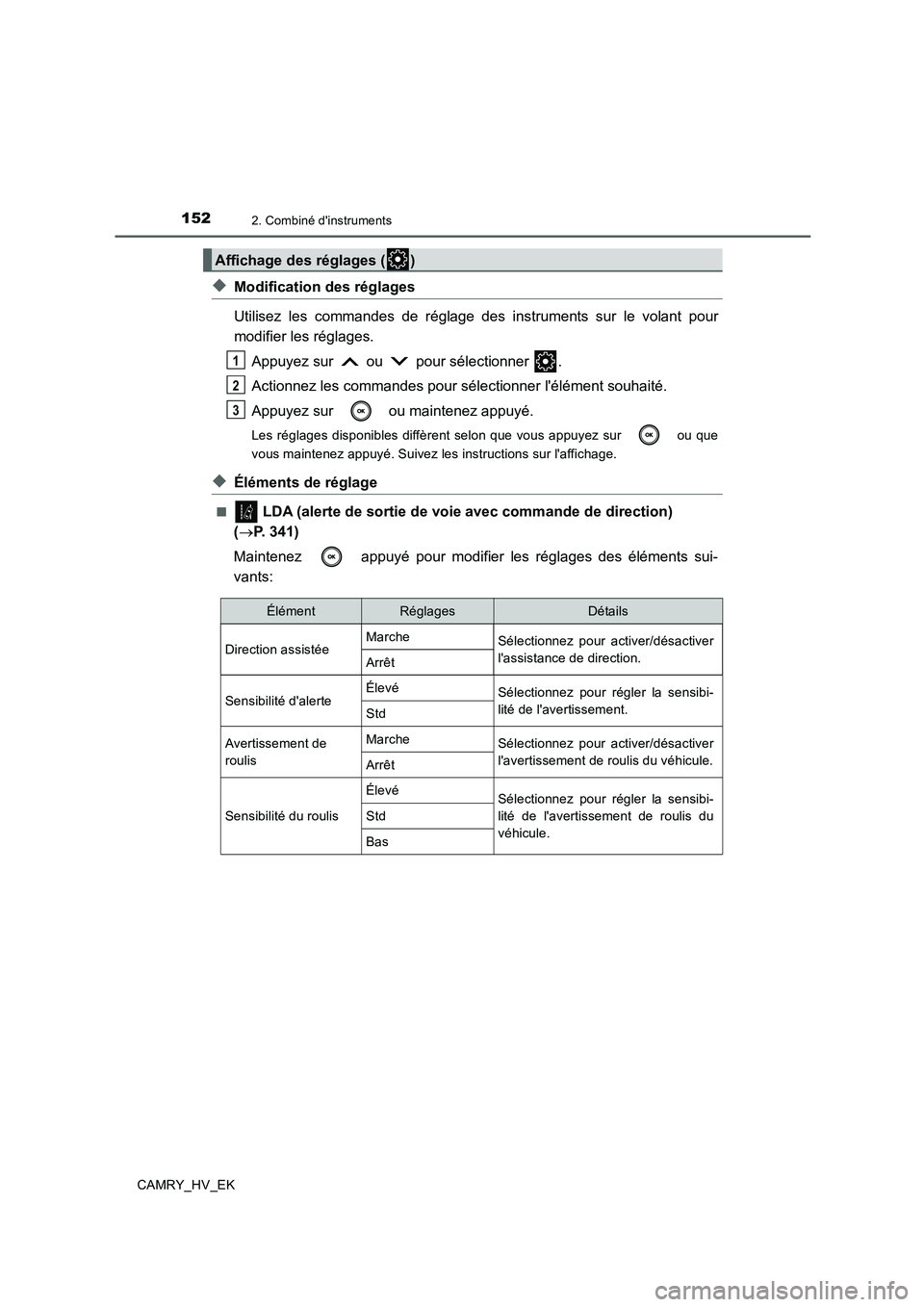 TOYOTA CAMRY 2019 Manuel du propriétaire (in French) 1522. Combiné dinstruments
CAMRY_HV_EK
◆Modification des réglages
Utilisez les commandes de réglage des instruments sur le volant pour
modifier les réglages.
Appuyez sur ou pour sélectionn TOYOTA CAMRY 2019 Manuel du propriétaire (in French) 1522. Combiné dinstruments
CAMRY_HV_EK
◆Modification des réglages
Utilisez les commandes de réglage des instruments sur le volant pour
modifier les réglages.
Appuyez sur ou pour sélectionn