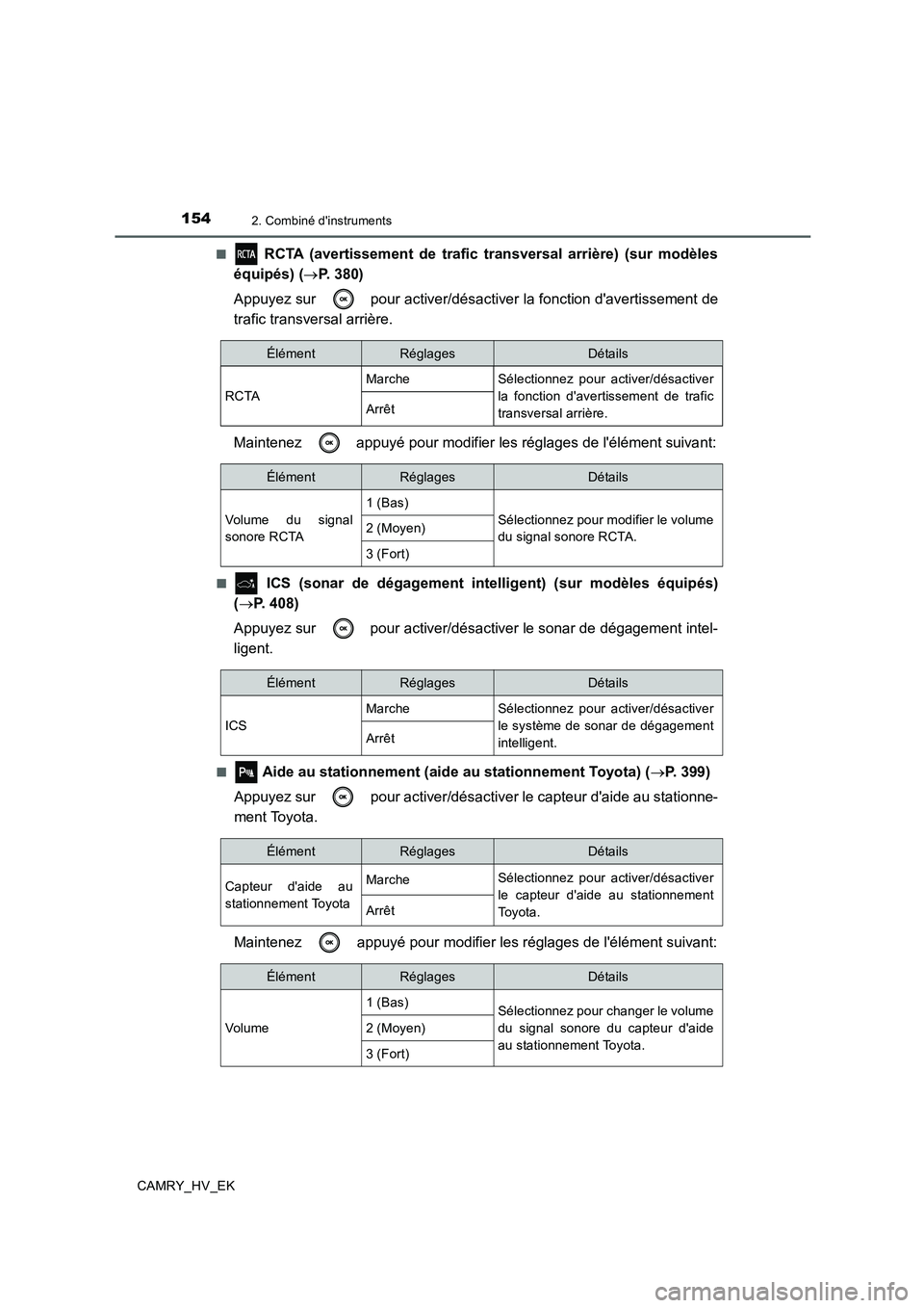 TOYOTA CAMRY 2019 Manuel du propriétaire (in French) 1542. Combiné dinstruments
CAMRY_HV_EK■
RCTA (avertissement de trafic transversal arrière) (sur modèles
équipés) (→P. 380)
Appuyez sur pour activer/désactiver la fonction davertissement TOYOTA CAMRY 2019 Manuel du propriétaire (in French) 1542. Combiné dinstruments
CAMRY_HV_EK■
RCTA (avertissement de trafic transversal arrière) (sur modèles
équipés) (→P. 380)
Appuyez sur pour activer/désactiver la fonction davertissement