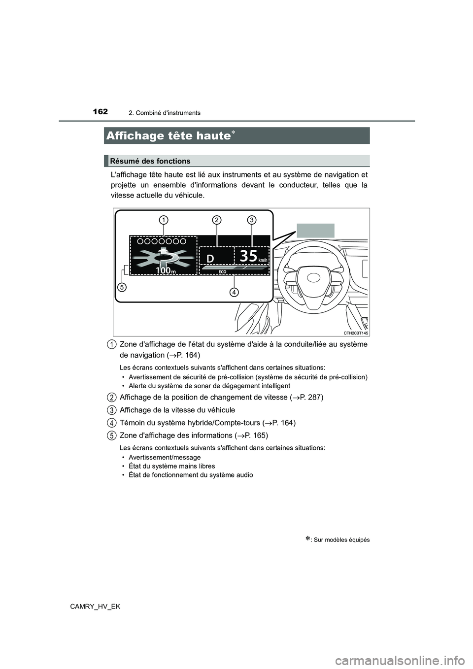 TOYOTA CAMRY 2019 Manuel du propriétaire (in French) 1622. Combiné dinstruments
CAMRY_HV_EK
Laffichage tête haute est lié aux instruments et au système de navigation et
projette un ensemble dinformations devant le conducteur, telles que la
vitess TOYOTA CAMRY 2019 Manuel du propriétaire (in French) 1622. Combiné dinstruments
CAMRY_HV_EK
Laffichage tête haute est lié aux instruments et au système de navigation et
projette un ensemble dinformations devant le conducteur, telles que la
vitess