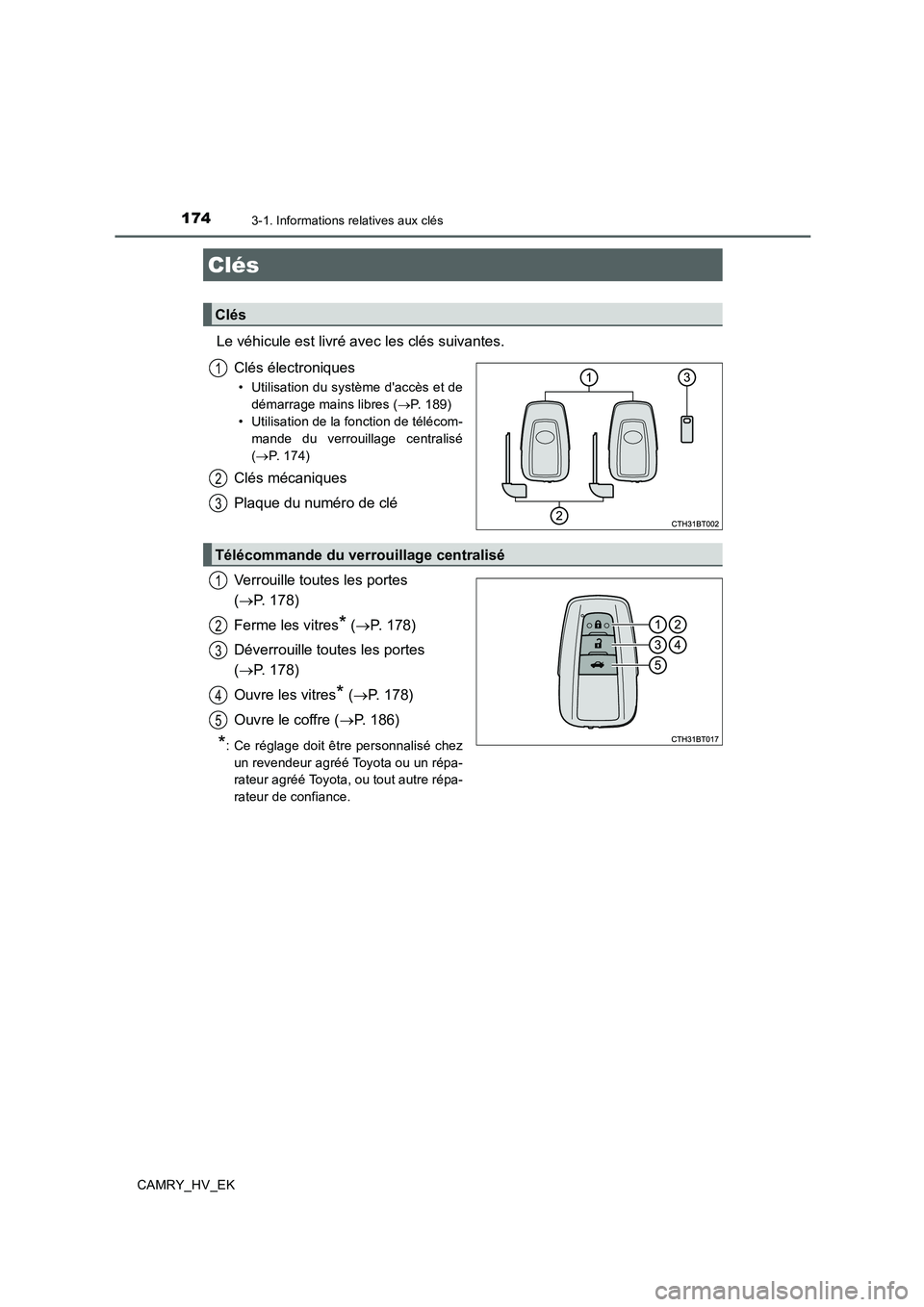 TOYOTA CAMRY 2019 Manuel du propriétaire (in French) 174
CAMRY_HV_EK
3-1. Informations relatives aux clés
Le véhicule est livré avec les clés suivantes.
Clés électroniques
• Utilisation du système daccès et de
démarrage mains libres (→P. 1 TOYOTA CAMRY 2019 Manuel du propriétaire (in French) 174
CAMRY_HV_EK
3-1. Informations relatives aux clés
Le véhicule est livré avec les clés suivantes.
Clés électroniques
• Utilisation du système daccès et de
démarrage mains libres (→P. 1