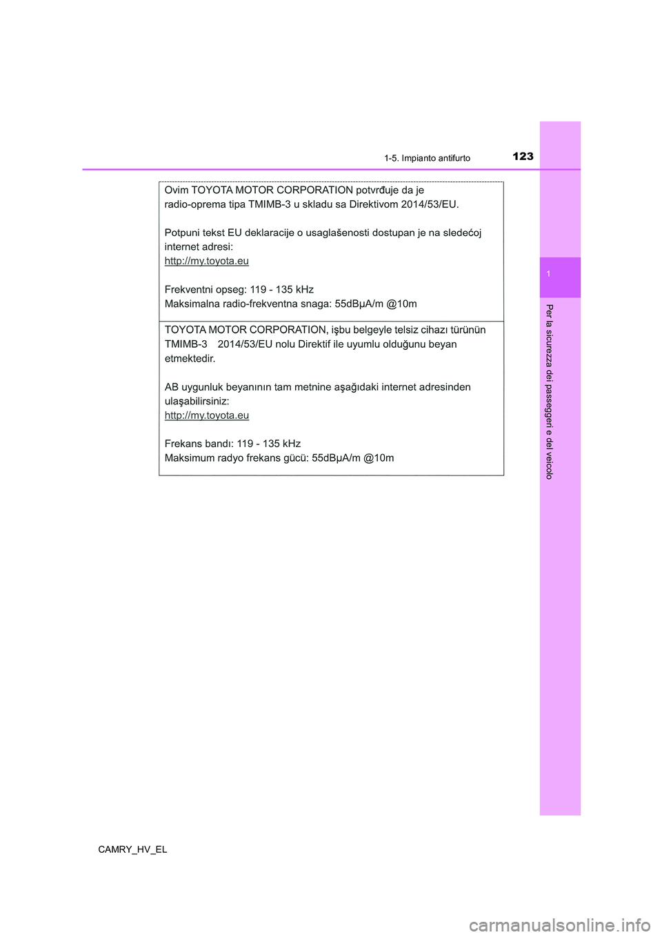TOYOTA CAMRY 2019 Manuale duso (in Italian) 1231-5. Impianto antifurto
1
Per la sicurezza dei passeggeri e del veicolo
CAMRY_HV_EL TOYOTA CAMRY 2019 Manuale duso (in Italian) 1231-5. Impianto antifurto
1
Per la sicurezza dei passeggeri e del veicolo
CAMRY_HV_EL