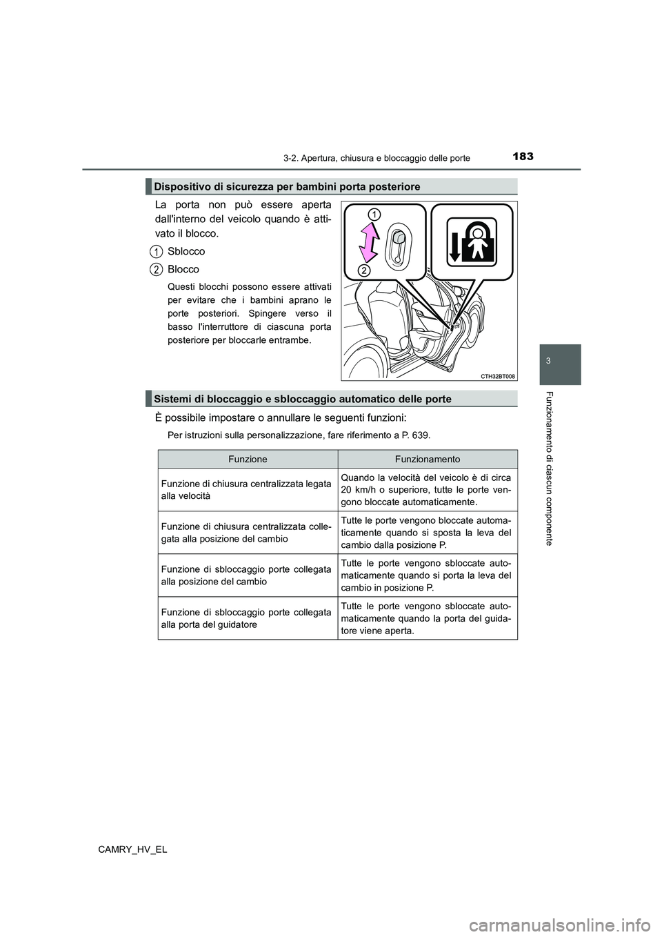 TOYOTA CAMRY 2019 Manuale duso (in Italian) 1833-2. Apertura, chiusura e bloccaggio delle porte
3
Funzionamento di ciascun componente
CAMRY_HV_EL
La porta non può essere aperta
dallinterno del veicolo quando è atti-
vato il blocco.
Sblocco
B TOYOTA CAMRY 2019 Manuale duso (in Italian) 1833-2. Apertura, chiusura e bloccaggio delle porte
3
Funzionamento di ciascun componente
CAMRY_HV_EL
La porta non può essere aperta
dallinterno del veicolo quando è atti-
vato il blocco.
Sblocco
B