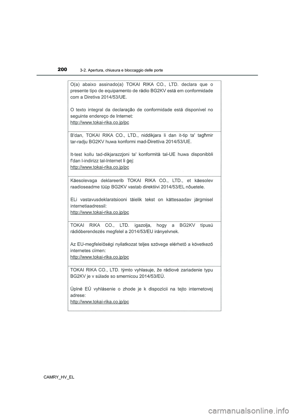 TOYOTA CAMRY 2019 Manuale duso (in Italian) 2003-2. Apertura, chiusura e bloccaggio delle porte
CAMRY_HV_EL TOYOTA CAMRY 2019 Manuale duso (in Italian) 2003-2. Apertura, chiusura e bloccaggio delle porte
CAMRY_HV_EL