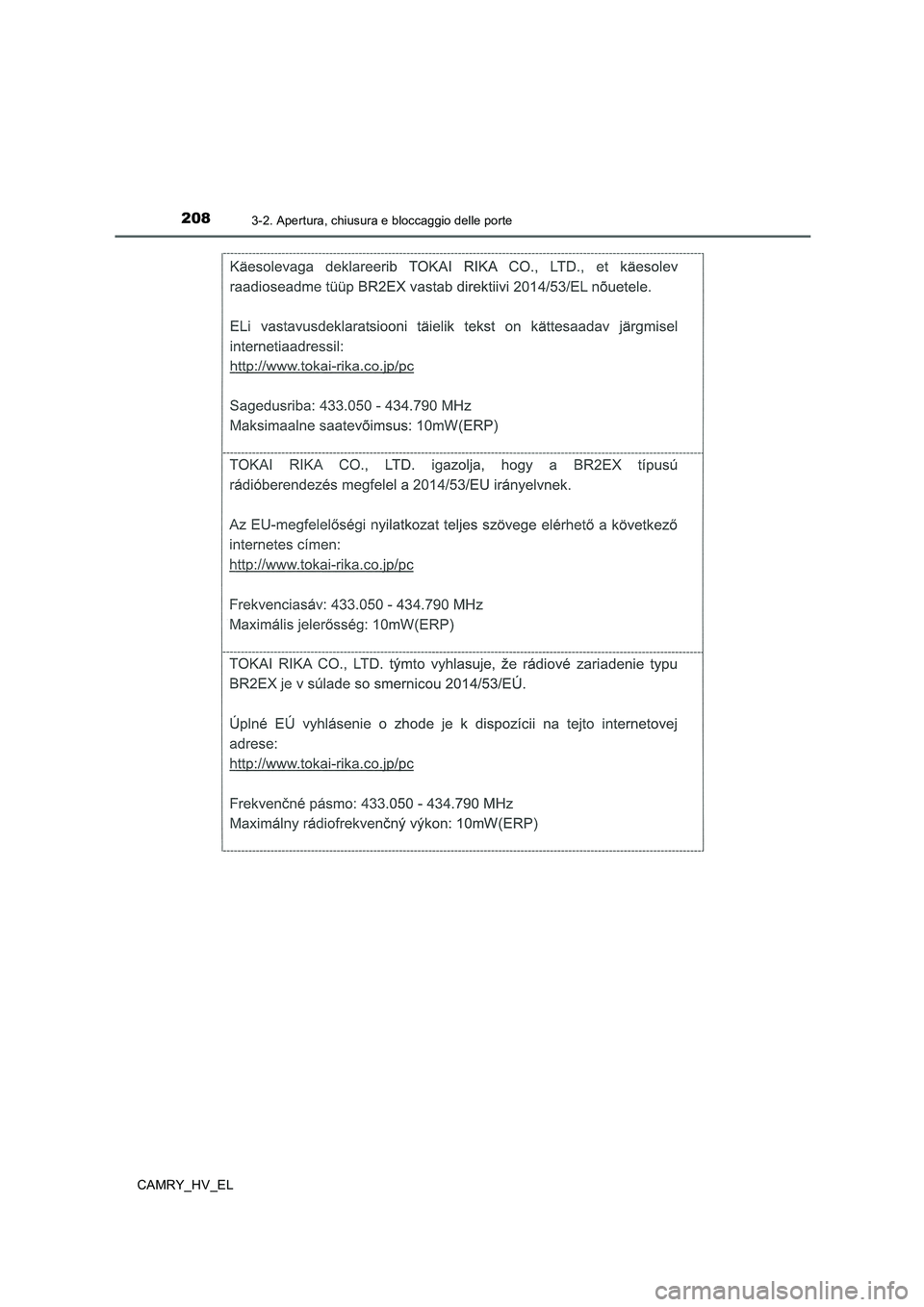 TOYOTA CAMRY 2019 Manuale duso (in Italian) 2083-2. Apertura, chiusura e bloccaggio delle porte
CAMRY_HV_EL TOYOTA CAMRY 2019 Manuale duso (in Italian) 2083-2. Apertura, chiusura e bloccaggio delle porte
CAMRY_HV_EL