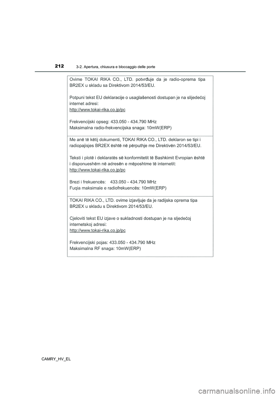 TOYOTA CAMRY 2019 Manuale duso (in Italian) 2123-2. Apertura, chiusura e bloccaggio delle porte
CAMRY_HV_EL TOYOTA CAMRY 2019 Manuale duso (in Italian) 2123-2. Apertura, chiusura e bloccaggio delle porte
CAMRY_HV_EL