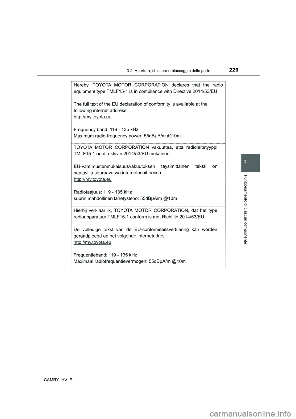 TOYOTA CAMRY 2019 Manuale duso (in Italian) 2293-2. Apertura, chiusura e bloccaggio delle porte
3
Funzionamento di ciascun componente
CAMRY_HV_EL TOYOTA CAMRY 2019 Manuale duso (in Italian) 2293-2. Apertura, chiusura e bloccaggio delle porte
3
Funzionamento di ciascun componente
CAMRY_HV_EL
