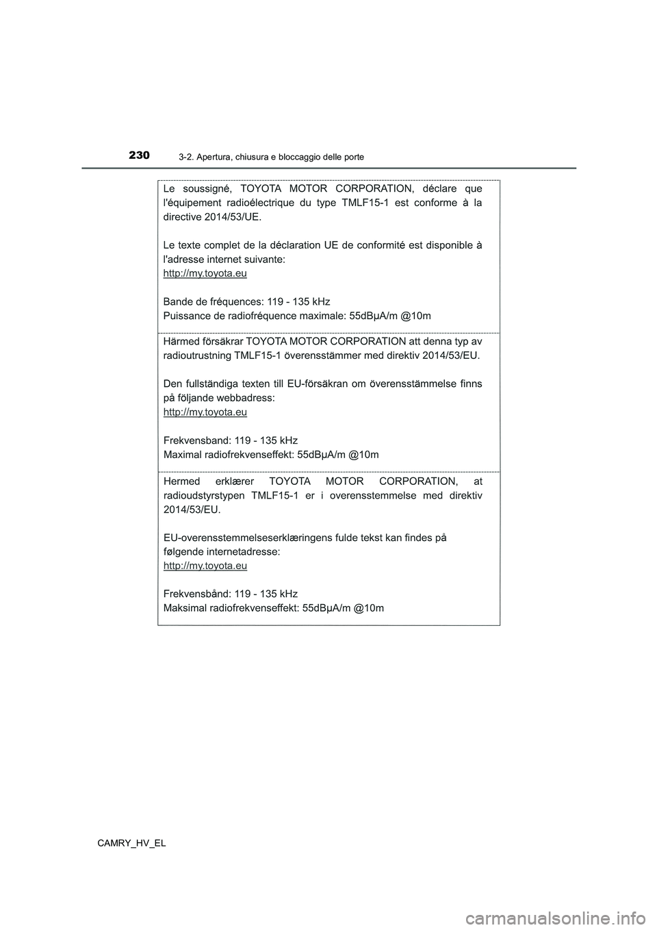 TOYOTA CAMRY 2019 Manuale duso (in Italian) 2303-2. Apertura, chiusura e bloccaggio delle porte
CAMRY_HV_EL TOYOTA CAMRY 2019 Manuale duso (in Italian) 2303-2. Apertura, chiusura e bloccaggio delle porte
CAMRY_HV_EL