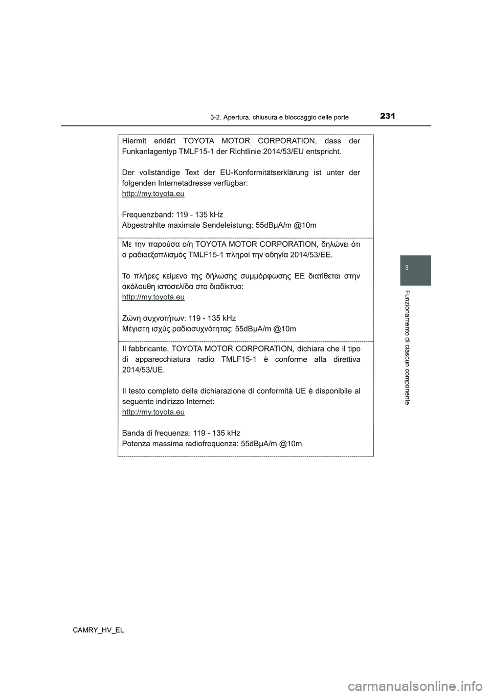 TOYOTA CAMRY 2019 Manuale duso (in Italian) 2313-2. Apertura, chiusura e bloccaggio delle porte
3
Funzionamento di ciascun componente
CAMRY_HV_EL TOYOTA CAMRY 2019 Manuale duso (in Italian) 2313-2. Apertura, chiusura e bloccaggio delle porte
3
Funzionamento di ciascun componente
CAMRY_HV_EL