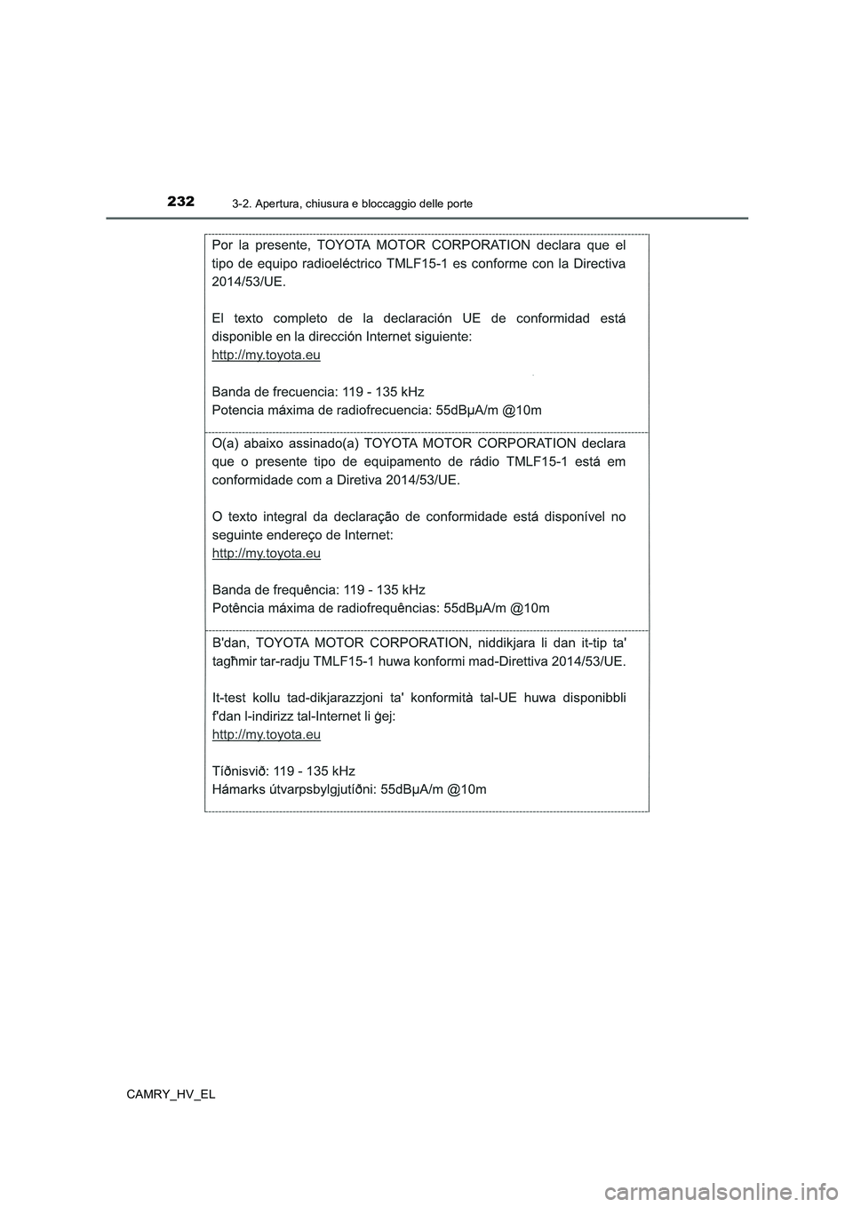 TOYOTA CAMRY 2019 Manuale duso (in Italian) 2323-2. Apertura, chiusura e bloccaggio delle porte
CAMRY_HV_EL TOYOTA CAMRY 2019 Manuale duso (in Italian) 2323-2. Apertura, chiusura e bloccaggio delle porte
CAMRY_HV_EL