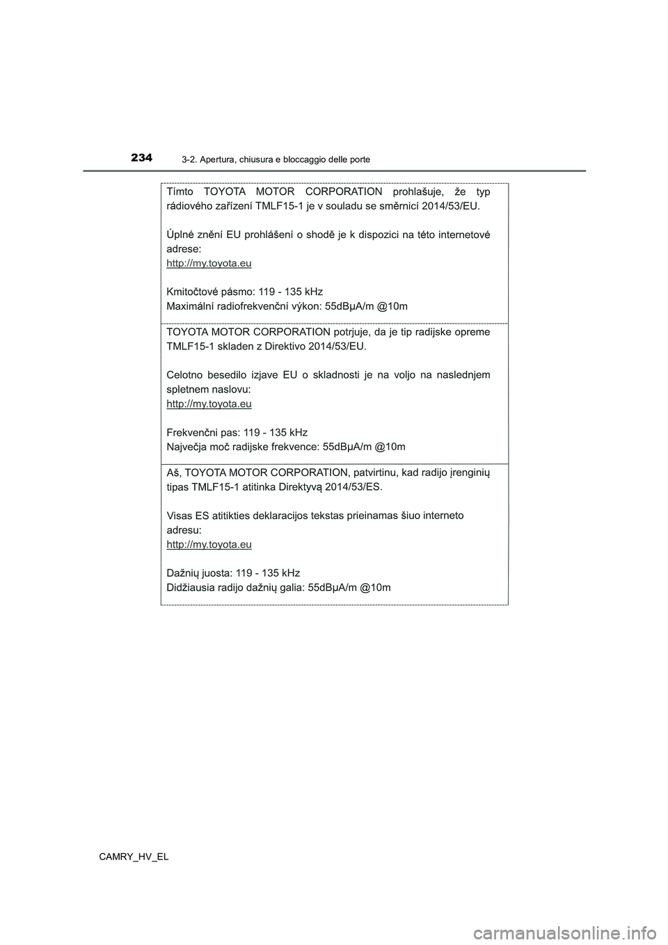 TOYOTA CAMRY 2019 Manuale duso (in Italian) 2343-2. Apertura, chiusura e bloccaggio delle porte
CAMRY_HV_EL TOYOTA CAMRY 2019 Manuale duso (in Italian) 2343-2. Apertura, chiusura e bloccaggio delle porte
CAMRY_HV_EL