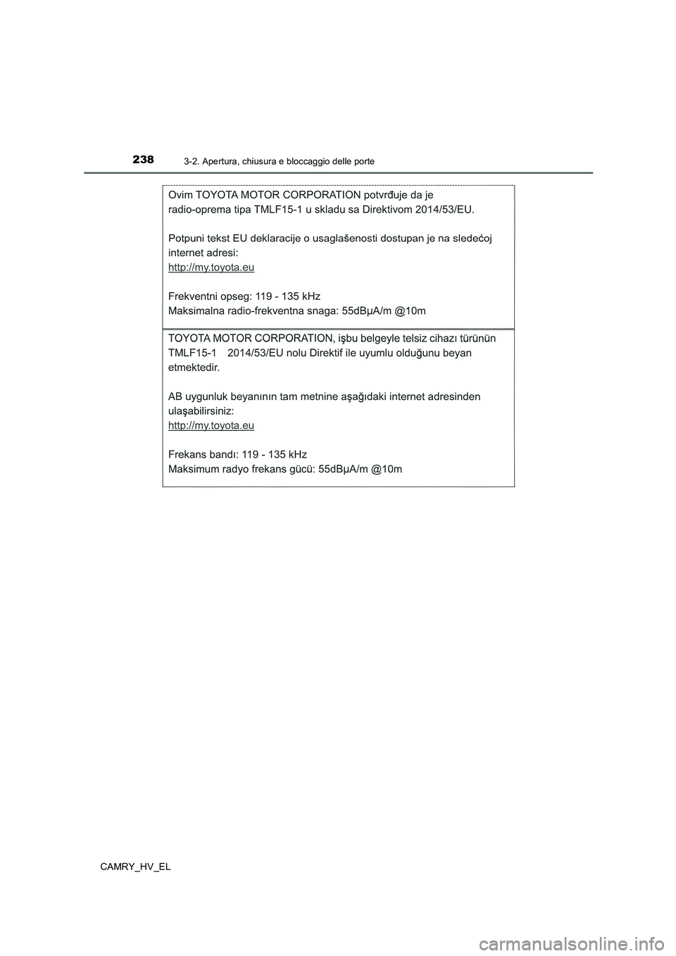 TOYOTA CAMRY 2019 Manuale duso (in Italian) 2383-2. Apertura, chiusura e bloccaggio delle porte
CAMRY_HV_EL TOYOTA CAMRY 2019 Manuale duso (in Italian) 2383-2. Apertura, chiusura e bloccaggio delle porte
CAMRY_HV_EL