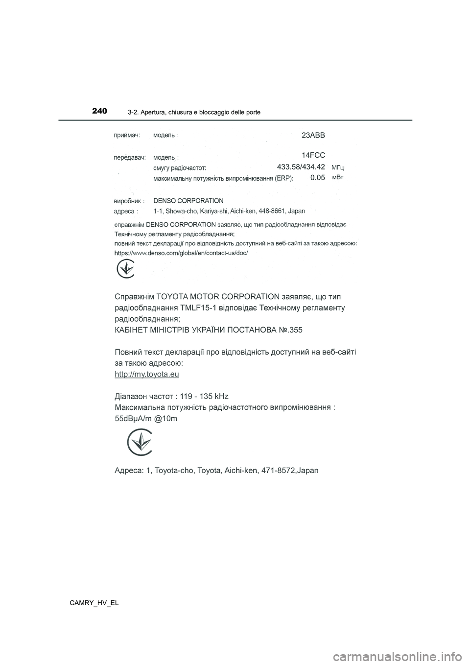 TOYOTA CAMRY 2019 Manuale duso (in Italian) 2403-2. Apertura, chiusura e bloccaggio delle porte
CAMRY_HV_EL TOYOTA CAMRY 2019 Manuale duso (in Italian) 2403-2. Apertura, chiusura e bloccaggio delle porte
CAMRY_HV_EL