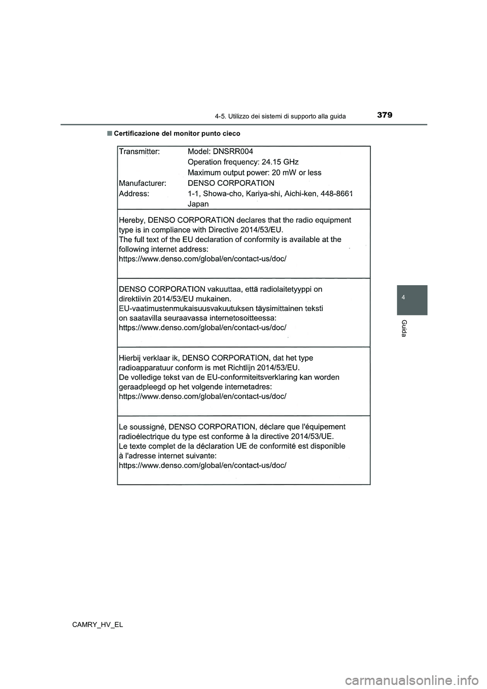 TOYOTA CAMRY 2019 Manuale duso (in Italian) 3794-5. Utilizzo dei sistemi di supporto alla guida
4
Guida
CAMRY_HV_EL■Certificazione del monitor punto cieco TOYOTA CAMRY 2019 Manuale duso (in Italian) 3794-5. Utilizzo dei sistemi di supporto alla guida
4
Guida
CAMRY_HV_EL■Certificazione del monitor punto cieco