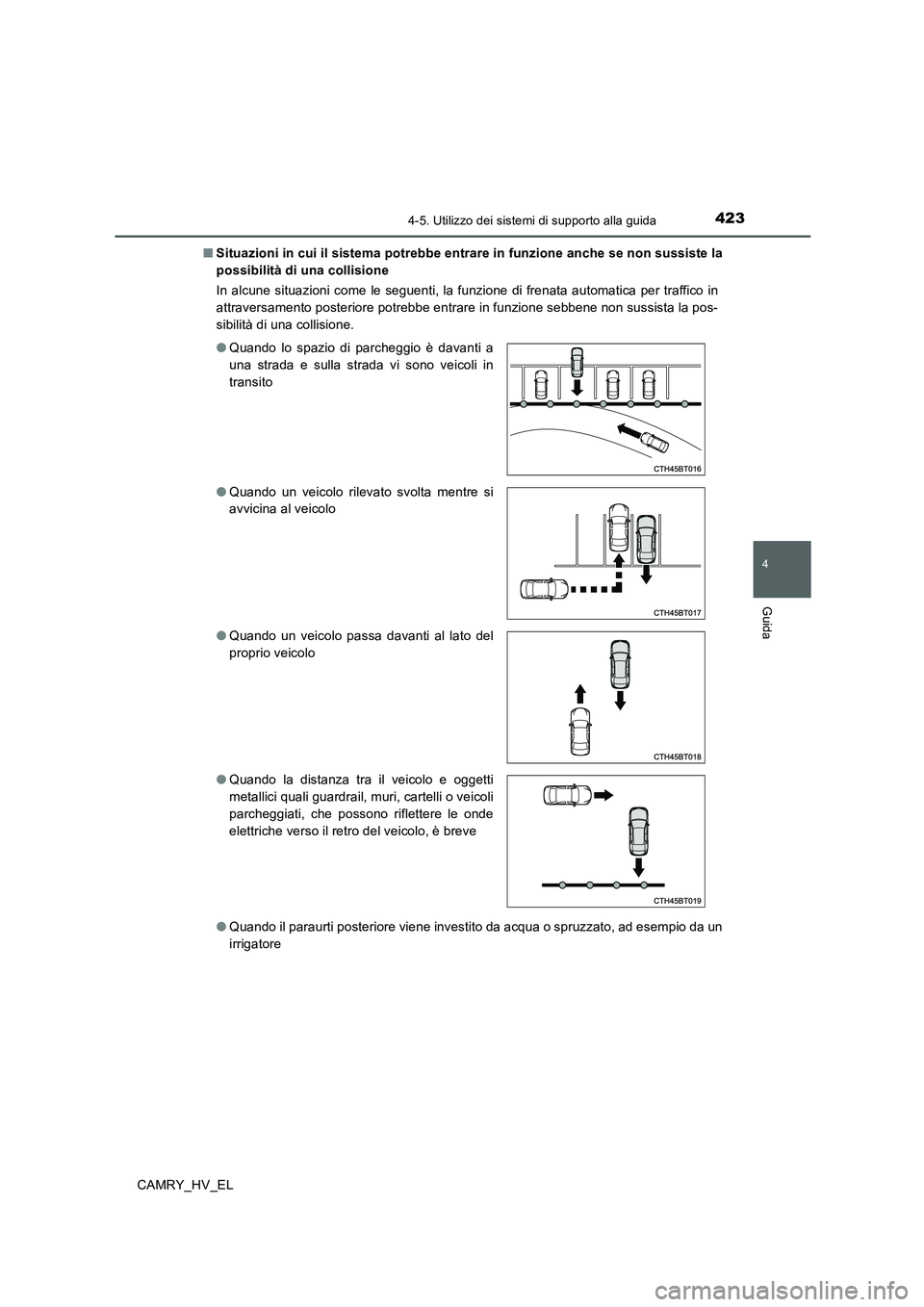 TOYOTA CAMRY 2019 Manuale duso (in Italian) 4234-5. Utilizzo dei sistemi di supporto alla guida
4
Guida
CAMRY_HV_EL■Situazioni in cui il sistema potrebbe entrare in funzione anche se non sussiste la
possibilità di una collisione
In alcune si TOYOTA CAMRY 2019 Manuale duso (in Italian) 4234-5. Utilizzo dei sistemi di supporto alla guida
4
Guida
CAMRY_HV_EL■Situazioni in cui il sistema potrebbe entrare in funzione anche se non sussiste la
possibilità di una collisione
In alcune si