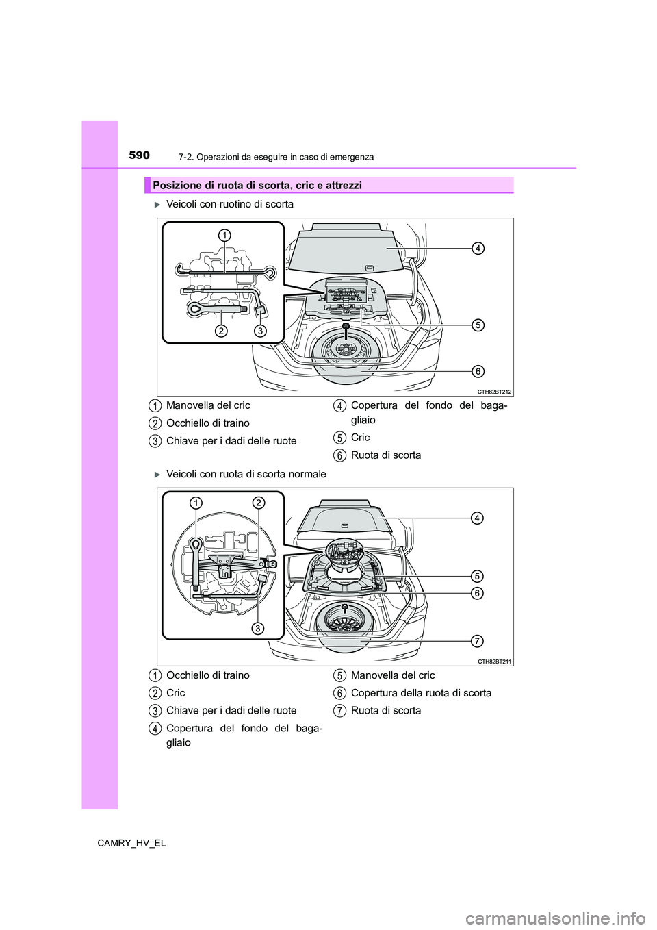 TOYOTA CAMRY 2019  Manuale duso (in Italian) 5907-2. Operazioni da eseguire in caso di emergenza
CAMRY_HV_EL
Veicoli con ruotino di scorta
Veicoli con ruota di scorta normale
Posizione di ruota di scorta, cric e attrezzi
Manovella del cric