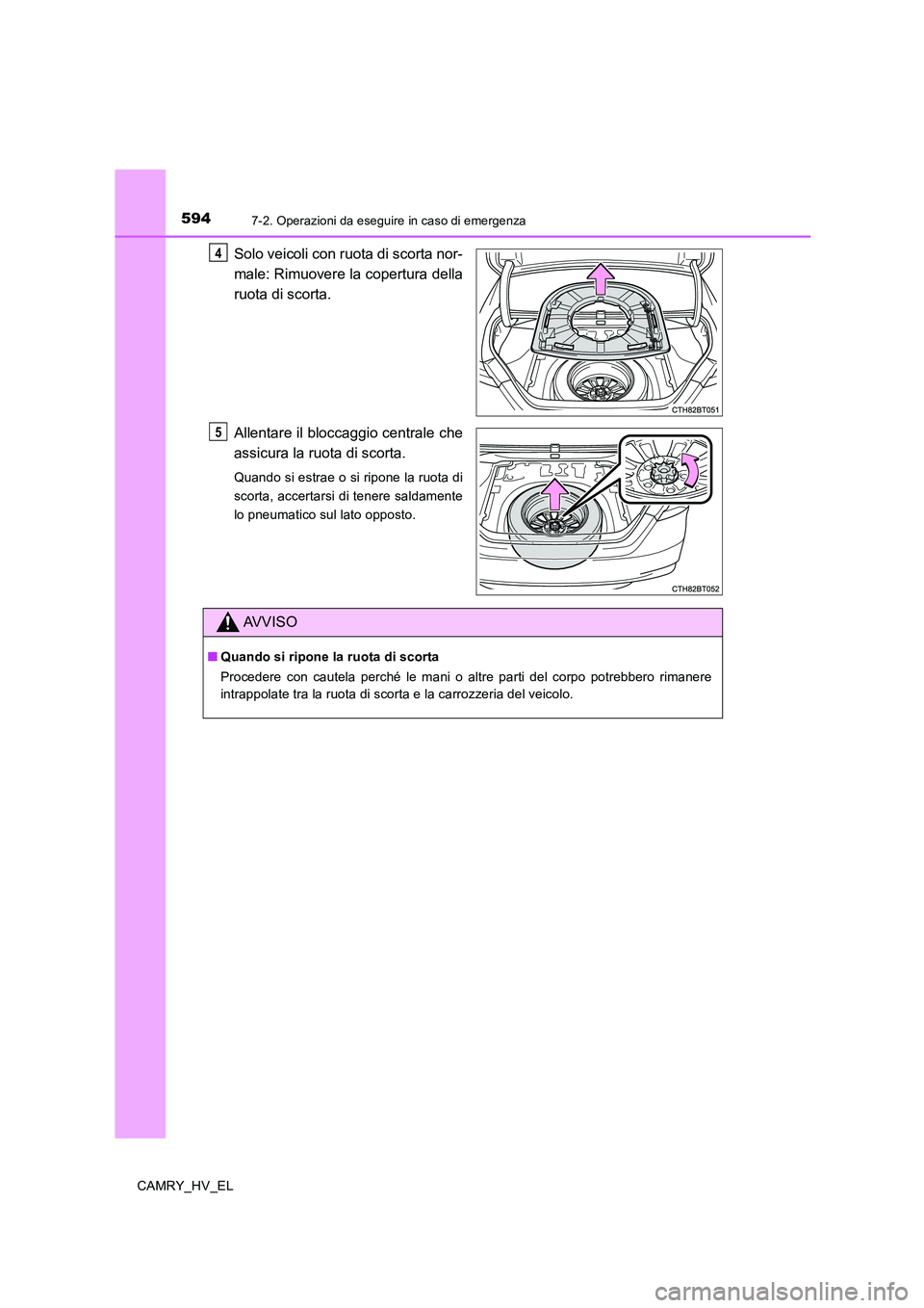 TOYOTA CAMRY 2019  Manuale duso (in Italian) 5947-2. Operazioni da eseguire in caso di emergenza
CAMRY_HV_EL
Solo veicoli con ruota di scorta nor-
male: Rimuovere la copertura della
ruota di scorta.
Allentare il bloccaggio centrale che
assicura 