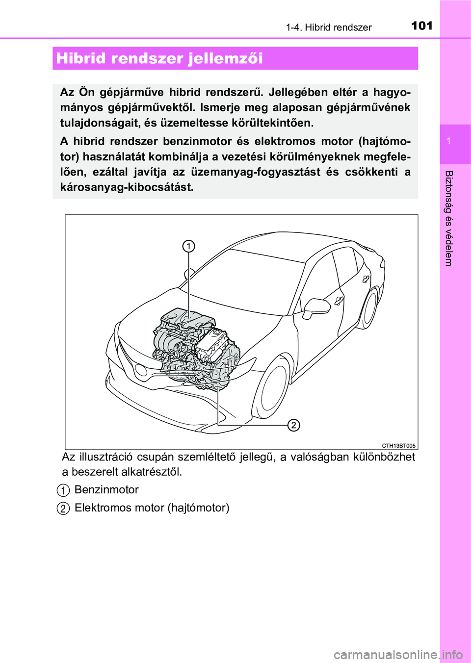 TOYOTA CAMRY 2019  Kezelési útmutató (in Hungarian) 101
1
Biztonság és védelem
1-4. Hibrid rendszer
Az  illusztráció  csupán  szemléltető  jellegű,  a  valóságban  különbözhet
a beszerelt alkatrésztől.
Benzinmotor
Elektromos motor (hajt