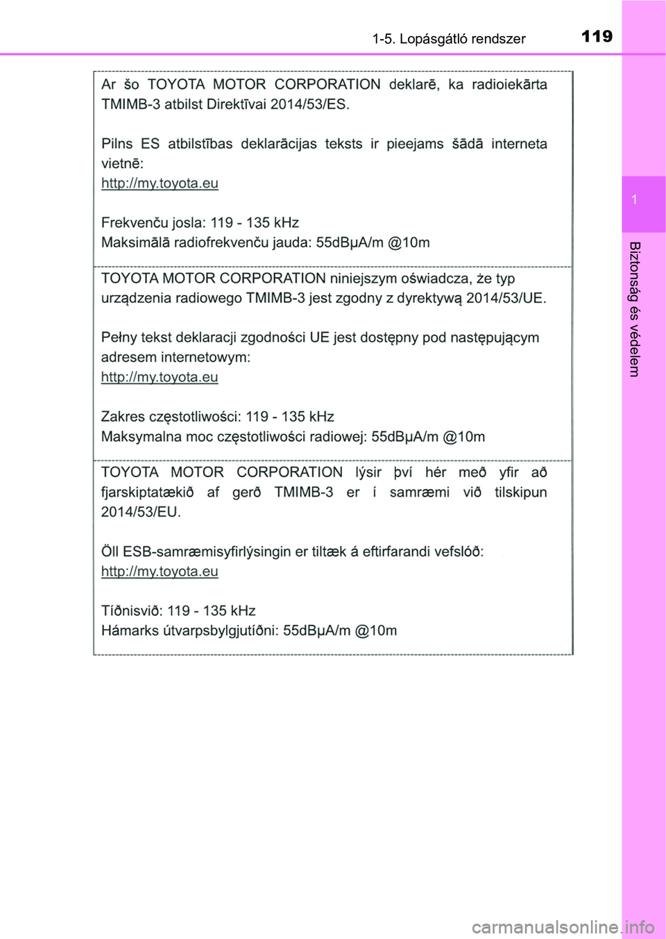 TOYOTA CAMRY 2019  Kezelési útmutató (in Hungarian) 1191-5. Lopásgátló rendszer
1
Biztonság és védelem 