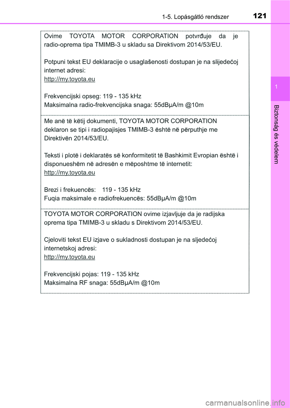 TOYOTA CAMRY 2019  Kezelési útmutató (in Hungarian) 1211-5. Lopásgátló rendszer
1
Biztonság és védelem 