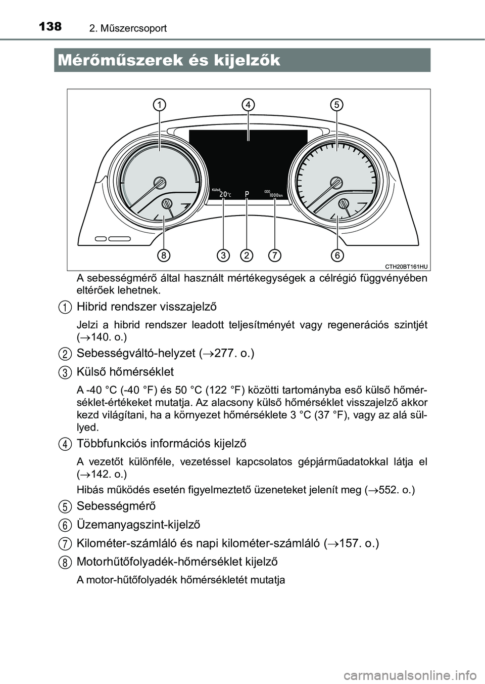 TOYOTA CAMRY 2019 Kezelési útmutató (in Hungarian) 1382. Műszercsoport
A sebességmérő által használt mértékegységek a célrégió függvényében
eltérőek lehetnek.
Hibrid rendszer visszajelző
Jelzi a hibrid rendszer leadott te TOYOTA CAMRY 2019 Kezelési útmutató (in Hungarian) 1382. Műszercsoport
A sebességmérő által használt mértékegységek a célrégió függvényében
eltérőek lehetnek.
Hibrid rendszer visszajelző
Jelzi a hibrid rendszer leadott te