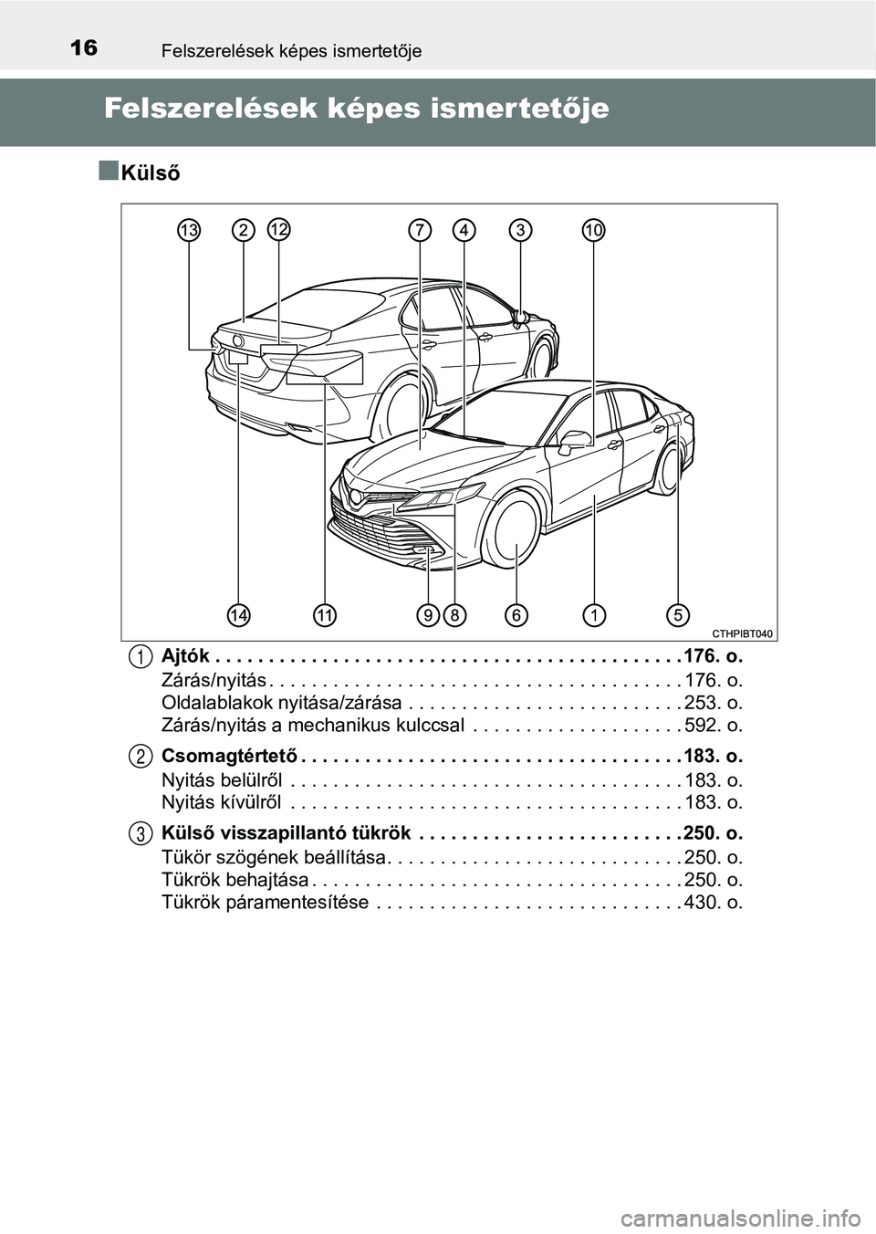 TOYOTA CAMRY 2019  Kezelési útmutató (in Hungarian) 16Felszerelések képes ismertetője
Felszerelések képes ismertetője
n
Külső
Ajtók . . . . . . . . . . . . . . . . . . . . . . . . . . . . . . . . . . . . . . . . . . . . 176. o.
Zárás/nyitás