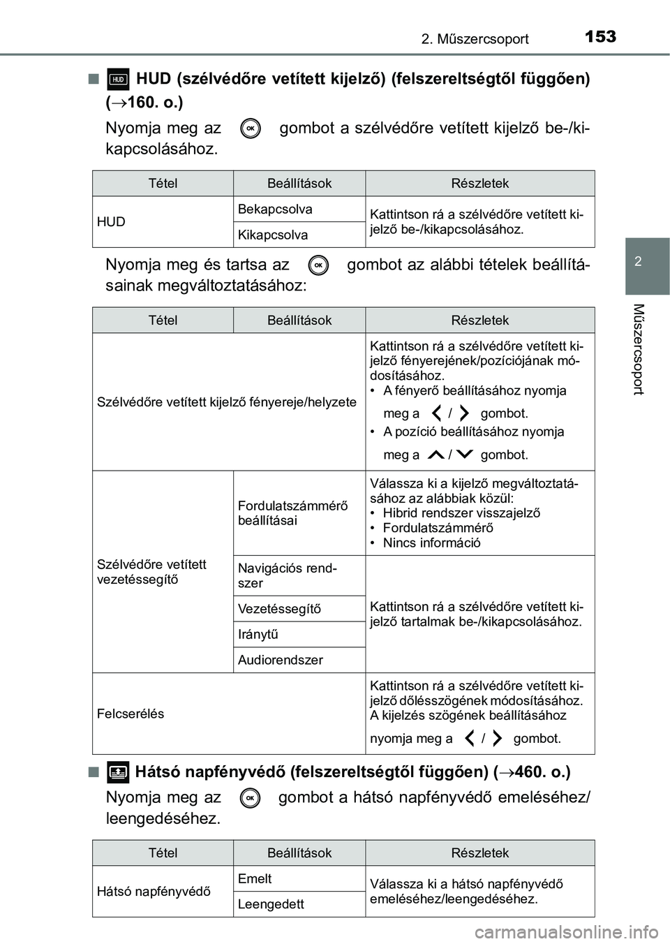 TOYOTA CAMRY 2019 Kezelési útmutató (in Hungarian) 1532. Műszercsoport
2
Műszercsoport
n HUD (szélvédőre vetített kijelző) (felszereltségtől függően)
( 160. o.)
Nyomja meg az gombot a szélvédőre vetített kijelző be-/ki-
k TOYOTA CAMRY 2019 Kezelési útmutató (in Hungarian) 1532. Műszercsoport
2
Műszercsoport
n HUD (szélvédőre vetített kijelző) (felszereltségtől függően)
( 160. o.)
Nyomja meg az gombot a szélvédőre vetített kijelző be-/ki-
k