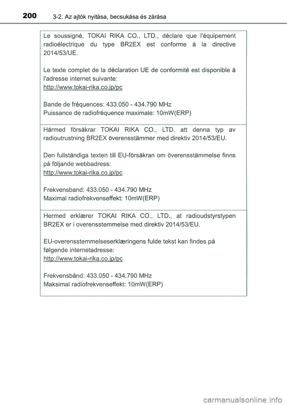 TOYOTA CAMRY 2019  Kezelési útmutató (in Hungarian) 2003-2. Az ajtók nyitása, becsukása és zárása 
