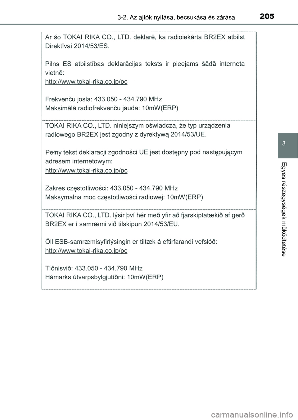 TOYOTA CAMRY 2019 Kezelési útmutató (in Hungarian) 2053-2. Az ajtók nyitása, becsukása és zárása
3
Egyes részegységek működtetése TOYOTA CAMRY 2019 Kezelési útmutató (in Hungarian) 2053-2. Az ajtók nyitása, becsukása és zárása
3
Egyes részegységek működtetése