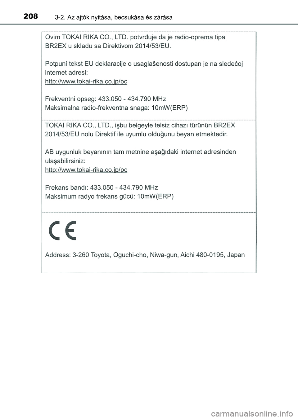 TOYOTA CAMRY 2019 Kezelési útmutató (in Hungarian) 2083-2. Az ajtók nyitása, becsukása és zárása TOYOTA CAMRY 2019 Kezelési útmutató (in Hungarian) 2083-2. Az ajtók nyitása, becsukása és zárása