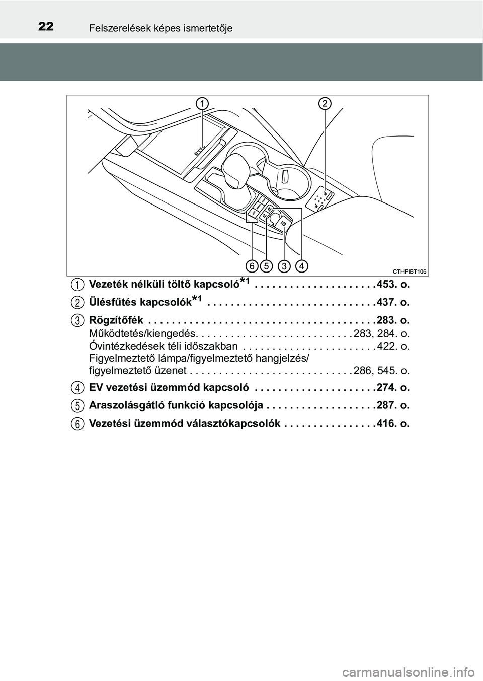 TOYOTA CAMRY 2019 Kezelési útmutató (in Hungarian) 22Felszerelések képes ismertetője
Vezeték nélküli töltő kapcsoló*1 . . . . . . . . . . . . . . . . . . . . . 453. o.
Ülésfűtés kapcsolók
*1 . . . . . . . . . . . . . . . . . . . . . . . TOYOTA CAMRY 2019 Kezelési útmutató (in Hungarian) 22Felszerelések képes ismertetője
Vezeték nélküli töltő kapcsoló*1 . . . . . . . . . . . . . . . . . . . . . 453. o.
Ülésfűtés kapcsolók
*1 . . . . . . . . . . . . . . . . . . . . . . .