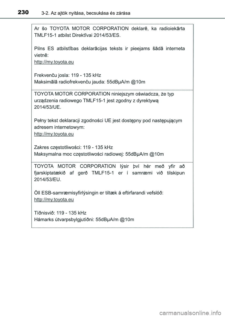 TOYOTA CAMRY 2019 Kezelési útmutató (in Hungarian) 2303-2. Az ajtók nyitása, becsukása és zárása TOYOTA CAMRY 2019 Kezelési útmutató (in Hungarian) 2303-2. Az ajtók nyitása, becsukása és zárása
