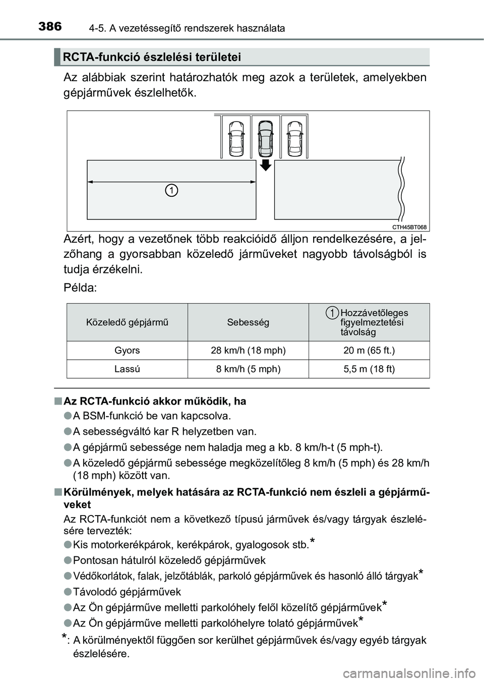 TOYOTA CAMRY 2019 Kezelési útmutató (in Hungarian) 3864-5. A vezetéssegítő rendszerek használata
Az alábbiak szerint határozhatók meg azok a területek, amelyekb en
gépjárművek észlelhetők.
Azért, hogy a vezetőnek több reak TOYOTA CAMRY 2019 Kezelési útmutató (in Hungarian) 3864-5. A vezetéssegítő rendszerek használata
Az alábbiak szerint határozhatók meg azok a területek, amelyekb en
gépjárművek észlelhetők.
Azért, hogy a vezetőnek több reak