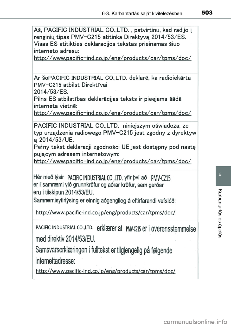 TOYOTA CAMRY 2019 Kezelési útmutató (in Hungarian) 5036-3. Karbantartás saját kivitelezésben
6
Karbantartás és ápolás TOYOTA CAMRY 2019 Kezelési útmutató (in Hungarian) 5036-3. Karbantartás saját kivitelezésben
6
Karbantartás és ápolás