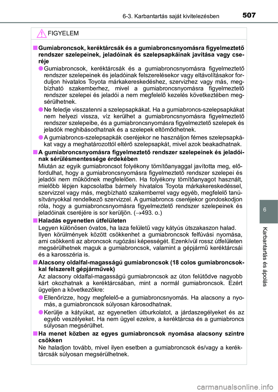 TOYOTA CAMRY 2019 Kezelési útmutató (in Hungarian) 5076-3. Karbantartás saját kivitelezésben
6
Karbantartás és ápolás
FIGYELEM
nGumiabroncsok, keréktárcsák és a gumiabroncsnyomásra figyelmeztető
rendszer szelepeinek, jeladóin ak és TOYOTA CAMRY 2019 Kezelési útmutató (in Hungarian) 5076-3. Karbantartás saját kivitelezésben
6
Karbantartás és ápolás
FIGYELEM
nGumiabroncsok, keréktárcsák és a gumiabroncsnyomásra figyelmeztető
rendszer szelepeinek, jeladóin ak és